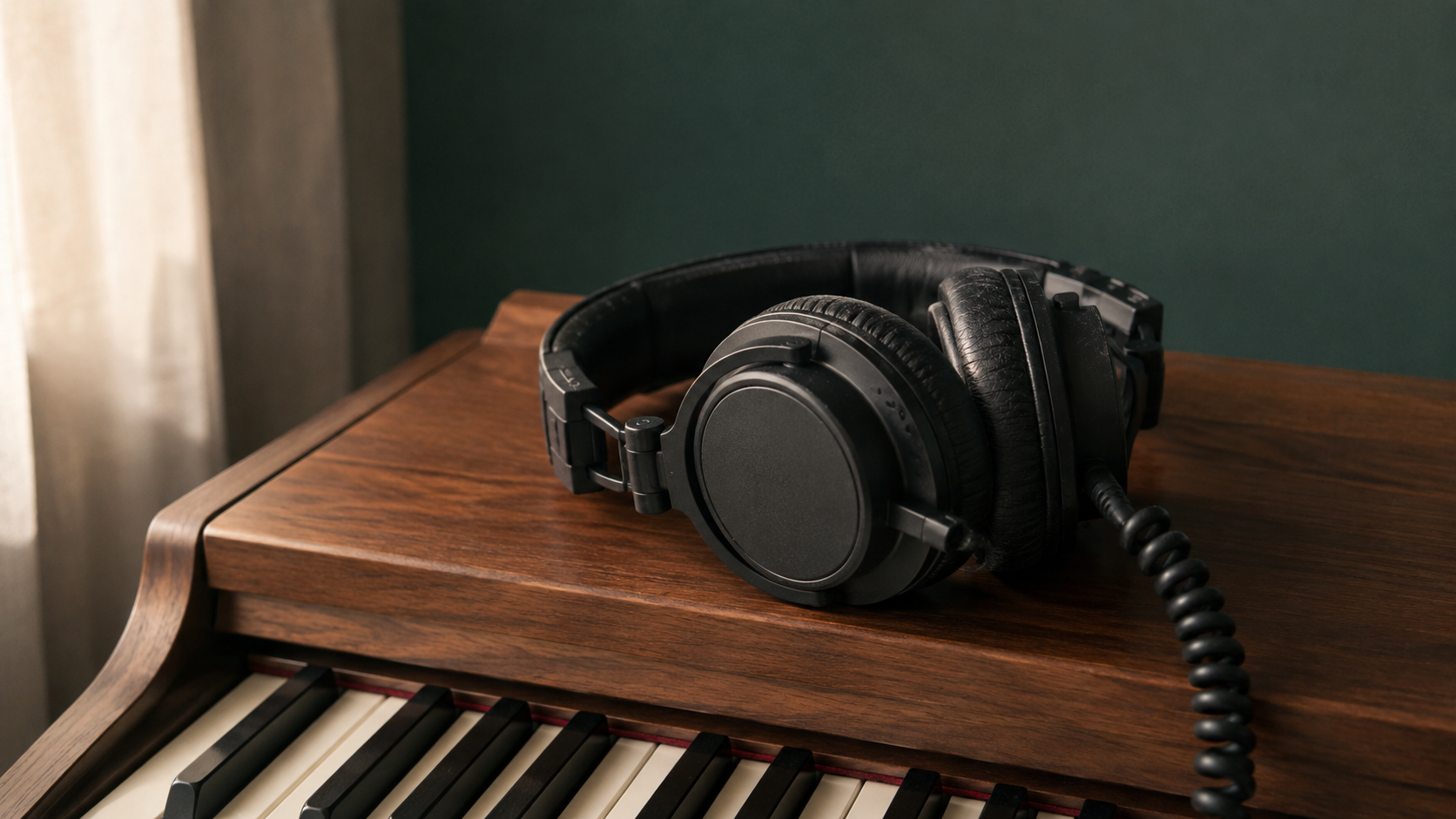 Black studio headphones resting on a walnut piano in soft window light